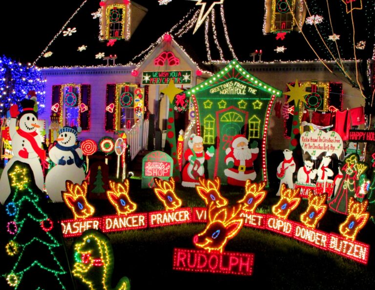 House decorated with Christmas lights in Akron Ohio during holiday season