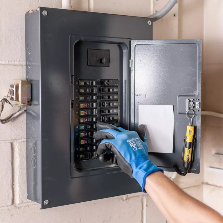 Residential electrical panel with circuit breakers in Akron Ohio home