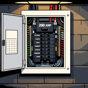 Modern 200-amp electrical panel upgrade showing organized circuit breakers in residential home basement in Akron Ohio
