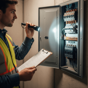 Home inspector evaluating electrical panel for electrical issues during home inspection in Akron Ohio basement finding code violations and safety hazards