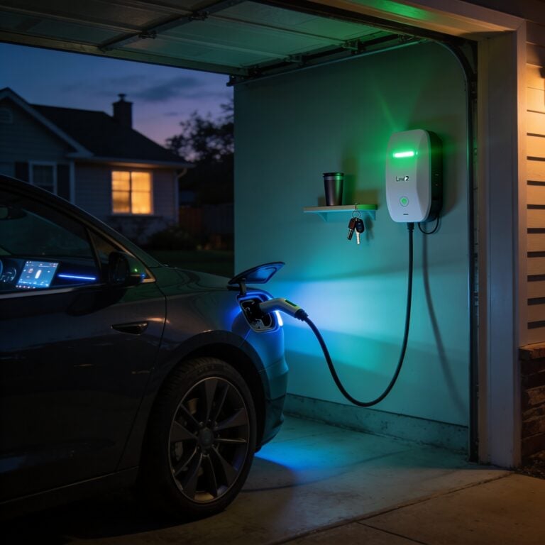 Level 2 home EV charger installation on garage wall with electric vehicle charging overnight in Akron Ohio