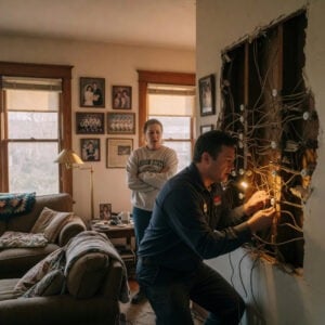 Electrician inspecting old knob and tube home wiring behind a wall in an Akron Ohio house