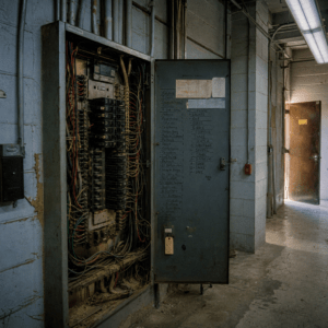 commercial electrical upgrade Akron Ohio - ANR Electric licensed electrician inspecting aging panel in commercial building
