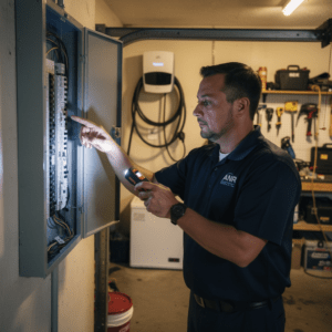 Electrician performing dedicated circuit installation assessment at residential electrical panel in Akron Ohio garage