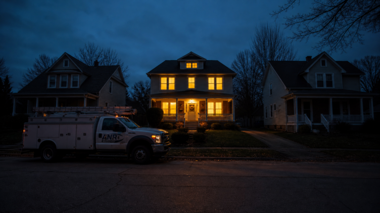 Standby generator installation graphic showing one lit home during neighborhood power outage - ANR Electric Akron Ohio