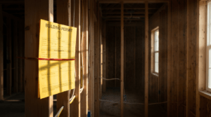 Yellow permit placard zip tied to wall framing at a job site requiring an electrical permit in Akron, Ohio