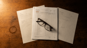 Three contractor quotes on a kitchen table with reading glasses, comparing bids before you hire an electrician in Akron